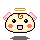 Pixel art character with pink ears, orange halo, brown spiral on forehead, and red cheeks in four expressions: open mouth, closed eyes, smiling, neutral.