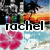 Pixelated image with 'rachel' text, pink flower, sunset beach, and camera elements in a collage layout.