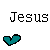 Pixelated text 'Jesus' appears above three heart icons in teal, cyan, and blue on a white background with partial gray overlay.
