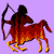 Animated contact sheet of seven pixelated frames showing a Sagittarius zodiac sign icon with fiery red-orange and yellow color scheme against purple background, depicting a centaur archer in various motion states including running, aiming, and arrow release.