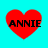 Four red heart shapes with black text 'ANNIE' on a cyan background, arranged in a