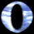 Nine circular blue and white striped rings arranged in a on black background with one gray square at bottom right