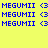 Blue pixelated text 'MEGUMII' with '<3' symbols on a yellow background, featuring green highlighted sections in two