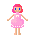 Pixel art of a pink-haired figure in a pink dress with white trim, shown from four angles against gray background.
