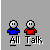 Pixelated buddy icon set with two figures, one blue-shirted and one red-shirted, in various poses including speech bubbles and object interactions.