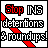 Pixelated graphic with red and black text on white background showing 'Stop INS detentions & roundups!' with red diagonal arrows.