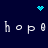 Dark blue background with pixelated text "hop" repeated twice in white, two cyan dot clusters and a heart shape above the top