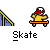 Pixel art animation of a stick figure performing skateboarding tricks on an orange skateboard with a blue ramp, displayed as a 3x2 contact sheet of six frames.