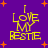 Purple background with orange starbursts and yellow text reading "I LOVE MY BESTIE" in pixelated font.