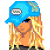 Pixel art character with blonde hair and blue cap, wearing black outfit with blue accents; text below reads "baby you can't have me" in alternating colors.