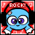 Blue cartoon character with purple eyes and red hat displays three distinct facial expressions under 'ROCK!' text on red background.