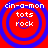 Four identical circular icons with red backgrounds and blue concentric rings, each containing white text reading "cin-a-mon" above "tots rock."