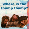 Three figures with brown hair lie on a bed under a blanket, with text above reading 'where is the thump thump?'