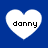 Four white heart-shaped icons with the text 'danny' in black pixelated font, arranged in a on a solid blue background