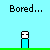Two pixelated figures with blue bodies stand on green ground beneath 'Bored...' text, one figure's face changes from frown to neutral expression.