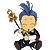 Pixelated character with blue spiky hair holding a staff with a brown and orange object, seated in four variations showing hand and mouth position changes.
