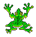Green pixelated frog with yellow eyes and accents, shown in three distinct poses against a gray background.