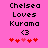 Pixelated text 'Chelsea Loves Kurama <3' on bright pink background with red heart symbols below.