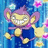 Pixelated cartoon character with purple hair, yellow face and limbs, blue torso, white teeth, pink accents, against a blue background with light effects.