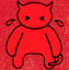 Red cartoon devil with black eyes and horns, standing on a red textured background with small floating shapes.