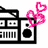 Pixelated image with a black-and-white boombox on white background, pink musical notes and hearts above it, and scattered pink text elements.
