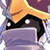 Pixelated static icon of a character with orange hair, black mask-like features, and purple clothing against a dark background.