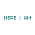 identical teal text 'HERE i AM' icons with black pixel artifacts, each featuring a small dark dot above the text on white background