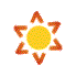 Six variations of a sun-shaped icon with yellow center and orange arrows on gray background, each showing different arrow orientations.