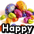 Pixelated image of colorful balloons and a white cloud with bold black-and-white text reading 'Happy' below.
