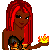 Pixel art of a woman with red hair holding a flaming torch, standing next to a man with raised arms and a 'Pyro' text label.
