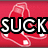Red background with two white-outlined baseball socks; black and white text "SUCK" overlays the left sock.