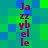 Pixelated text spelling 'Jazz' vertically in magenta on a green and blue background with repeated patterns