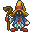 Pixel art character with yellow hat, blue robe, red shoes holding staff in various poses on gray background.