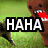 Brown cartoon character with red mouth and white teeth stands on green grass, a small animal runs toward it, and "HAHA" text appears in top-left.