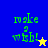 Pixelated green text 'make a wish!' with a yellow star on blue background and a blue star on yellow background, displayed on gray background.
