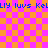 Pixelated text repeats across a checkered background with orange and pink squares, showing blue lettering on the top and bottom