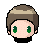 Pixel art avatar with brown hair, green eyes, and black collar showing three facial expressions: neutral, smiling, and mouth closed.