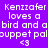Pixelated text reads "Kenizafer loves a bird and a puppet pal <3" on four distinct background colors.