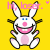Pixelated bunny icon with pink nose and mouth, blue eyes, black whiskers, yellow background; text above reads 'hi, loser.' in varying colors.