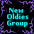 Four identical cyan text blocks reading "New Oldies Group" arranged in a on a black background with purple pixelated border