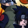 Two anime characters in pixelated style: one with spiky black hair and red eyes, the other with silver hair and a headband, both wearing dark clothing with red spiral symbols on sleeves.