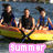Three people in a yellow inflatable raft on water, with text changing from 'SUMMER' to '2008' below.