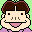Pixel art contact sheet showing two frames of an animated buddy icon featuring a cartoon character with brown hair and pink lips in purple clothing against green and red backgrounds.