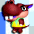 Pixelated character with brown fur, large white eyes, and a purple ear tip, wearing a yellow-green sleeveless top and brown shorts against a light blue background.