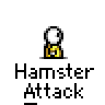 A 5x5 contact sheet of animated frames showing a yellow stick figure character with white head and black eyes performing actions against hamsters, labeled "Hamster Attack" under each frame.