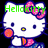 Hello Kitty character with pink bow and red cheeks, wearing pink and blue outfit, with green text above and below.