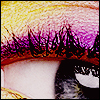 Close-up of an eye with long dark eyelashes, purple eyeshadow, and a gradient background transitioning from yellow to pink.