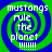 Four identical display a green and blue spiral background with white text reading 'mustangs rule the planet !!!!!' in pixelated font