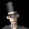 Animated sequence of a character with blue eyes, gray top hat, and dark suit against black background showing facial expression changes.