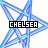 Pixelated star-shaped icon with layered lines in blue, pink, and red hues over white background; black text box containing 'CHELSEA' at center.